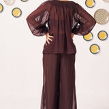 Sienna Chocolate Brown Sheer Gathered Top & Flowy Pants Co - Ord Set - Western Era Co - ord set for women