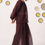 Sienna Chocolate Brown Sheer Gathered Top & Flowy Pants Co - Ord Set - Western Era Co - ord set for women