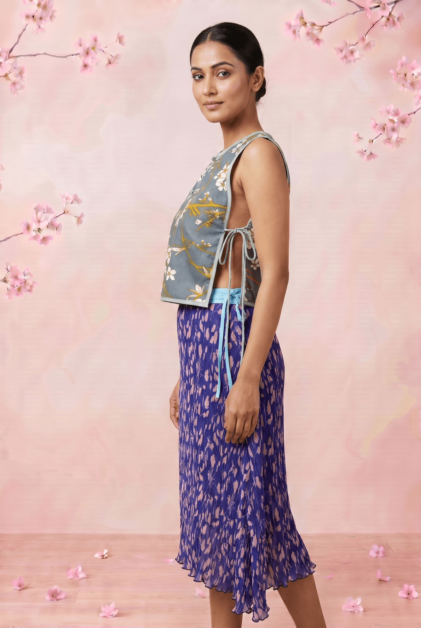 Slate Blossom Floral Print Loop Button with Side Knot Overlay Top - Western Era Tops for women
