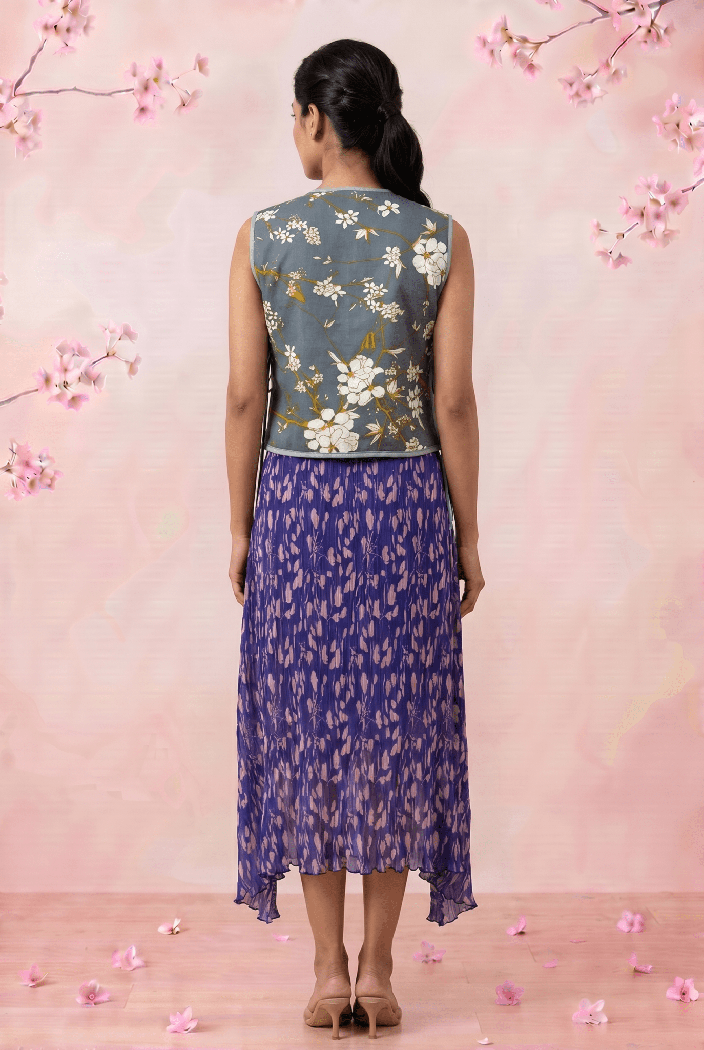 Slate Blossom Floral Print Loop Button with Side Knot Overlay Top - Western Era Tops for women