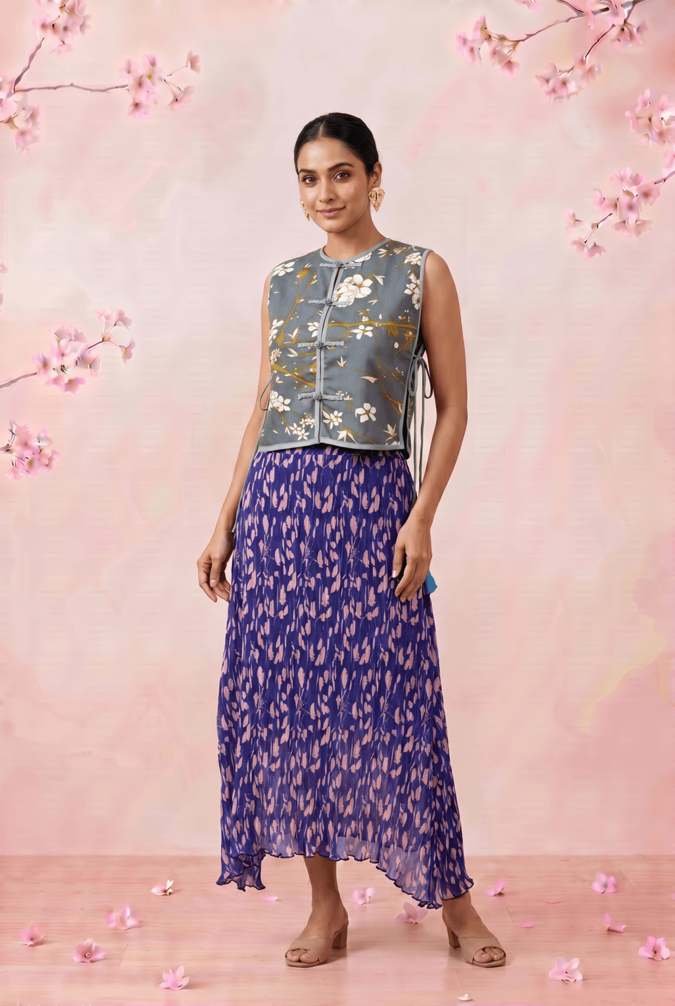 Slate Blossom Floral Print Loop Button with Side Knot Overlay Top - Western Era Tops for women