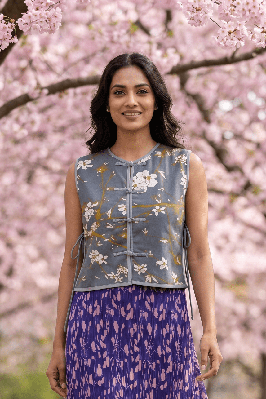 Slate Blossom Floral Print Loop Button with Side Knot Overlay Top - Western Era Tops for women