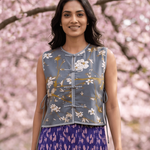 Slate Blossom Floral Print Loop Button with Side Knot Overlay Top - Western Era Tops for women