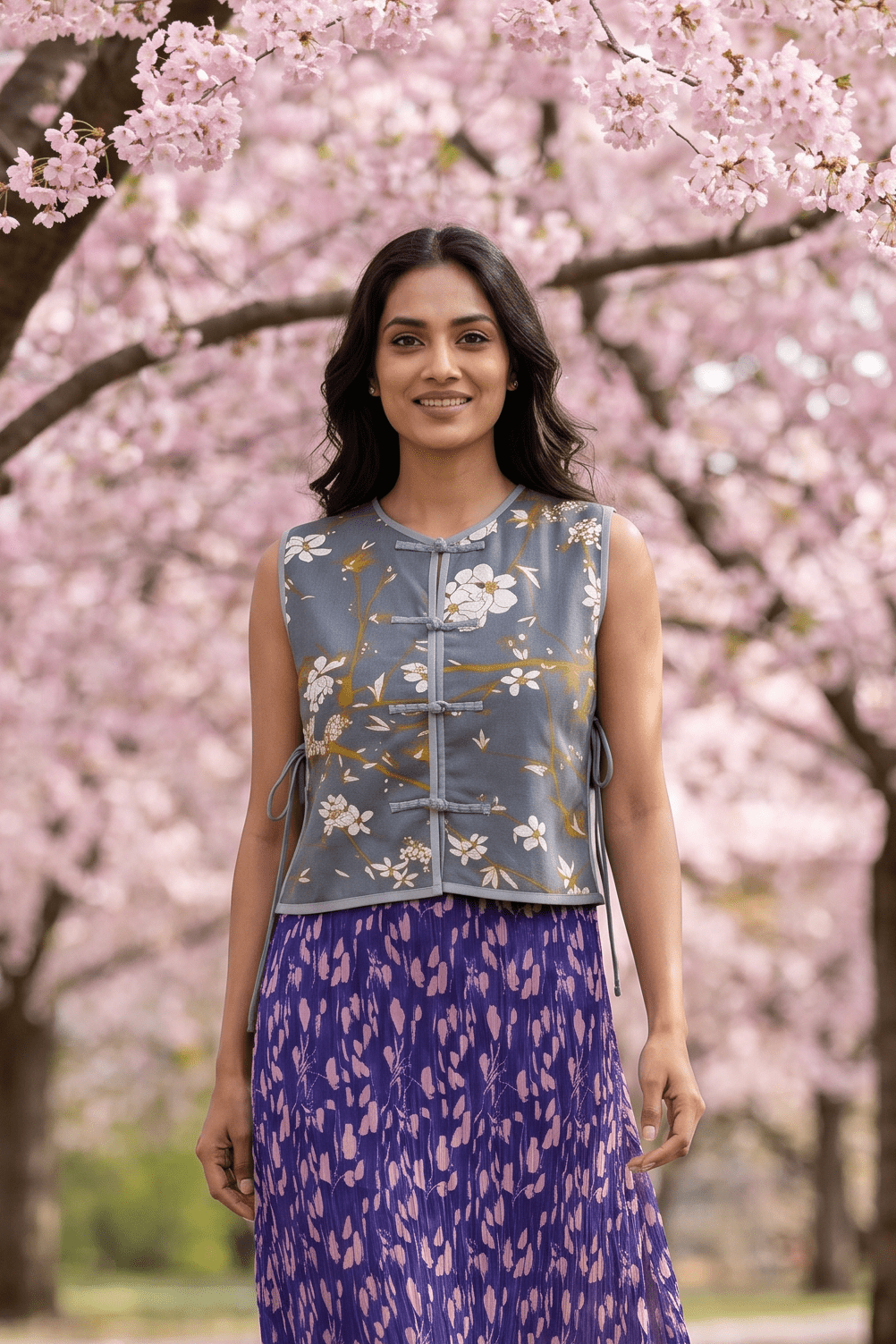 Slate Blossom Floral Print Loop Button with Side Knot Overlay Top - Western Era Tops for women