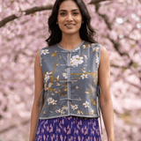 Slate Blossom Floral Print Loop Button with Side Knot Overlay Top - Western Era Tops for women