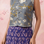 Slate Blossom Floral Print Loop Button with Side Knot Overlay Top - Western Era Tops for women
