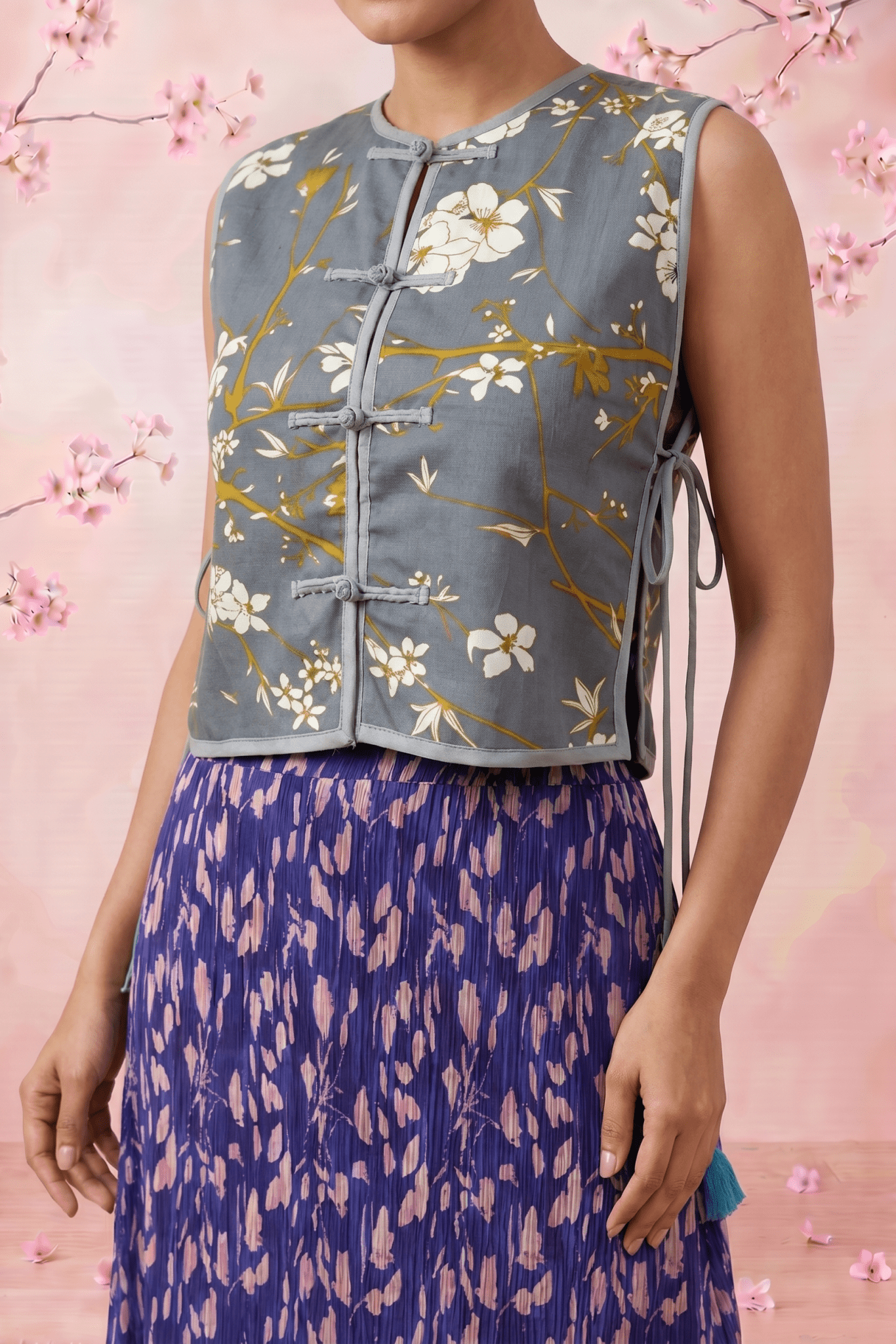 Slate Blossom Floral Print Loop Button with Side Knot Overlay Top - Western Era Tops for women