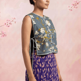 Slate Blossom Floral Print Loop Button with Side Knot Overlay Top - Western Era Tops for women