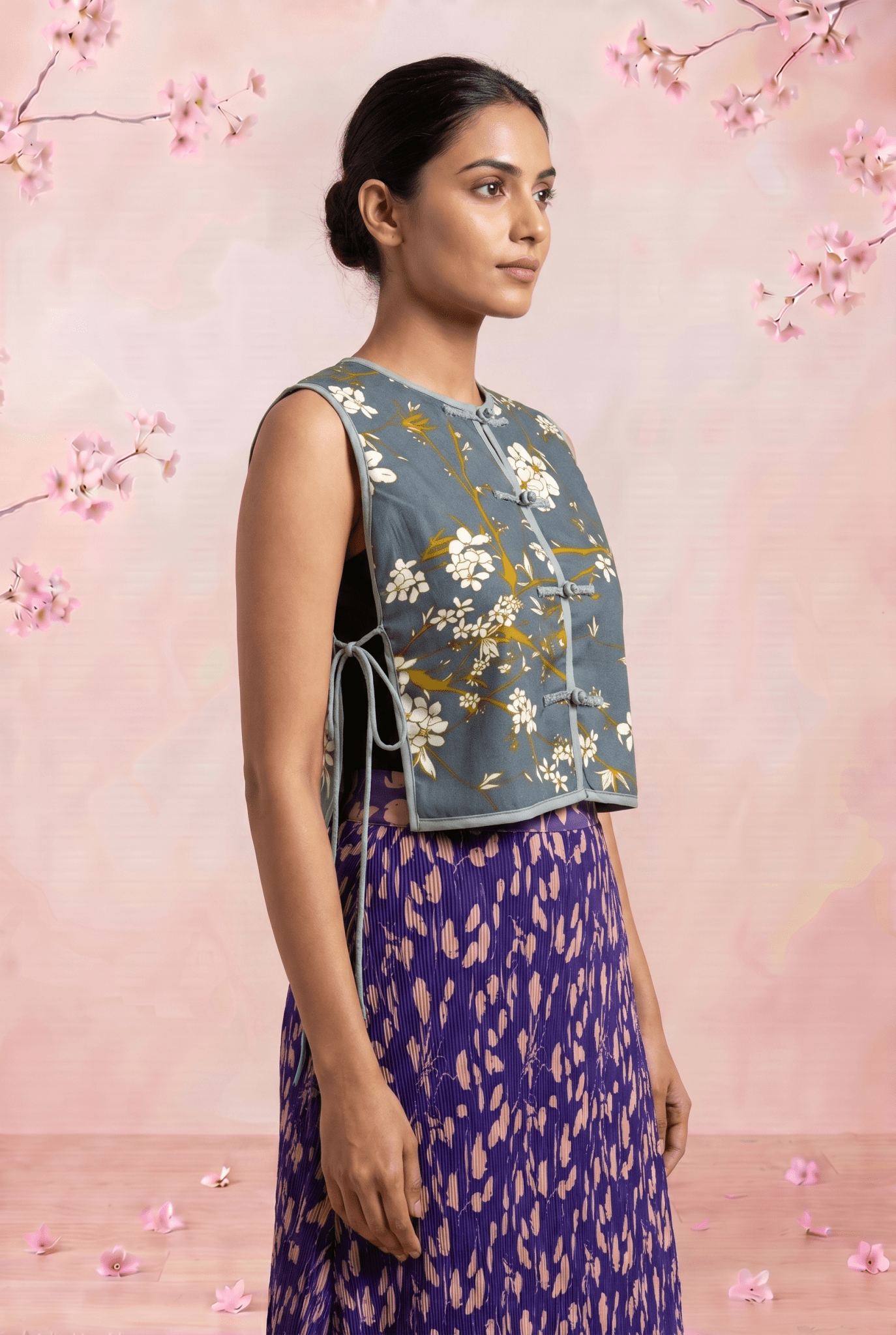 Slate Blossom Floral Print Loop Button with Side Knot Overlay Top - Western Era Tops for women