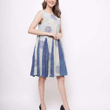 Sleeveless Blue Shibori Print Flare Dress - Western Era Dresses for women