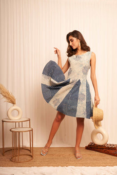 Sleeveless Blue Shibori Print Flare Dress - Western Era Dresses for women