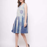 Sleeveless Blue Shibori Print Flare Dress - Western Era Dresses for women