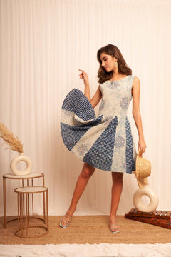 Sleeveless Blue Shibori Print Flare Dress