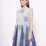 Sleeveless Blue Shibori Print Flare Dress - Western Era Dresses for women