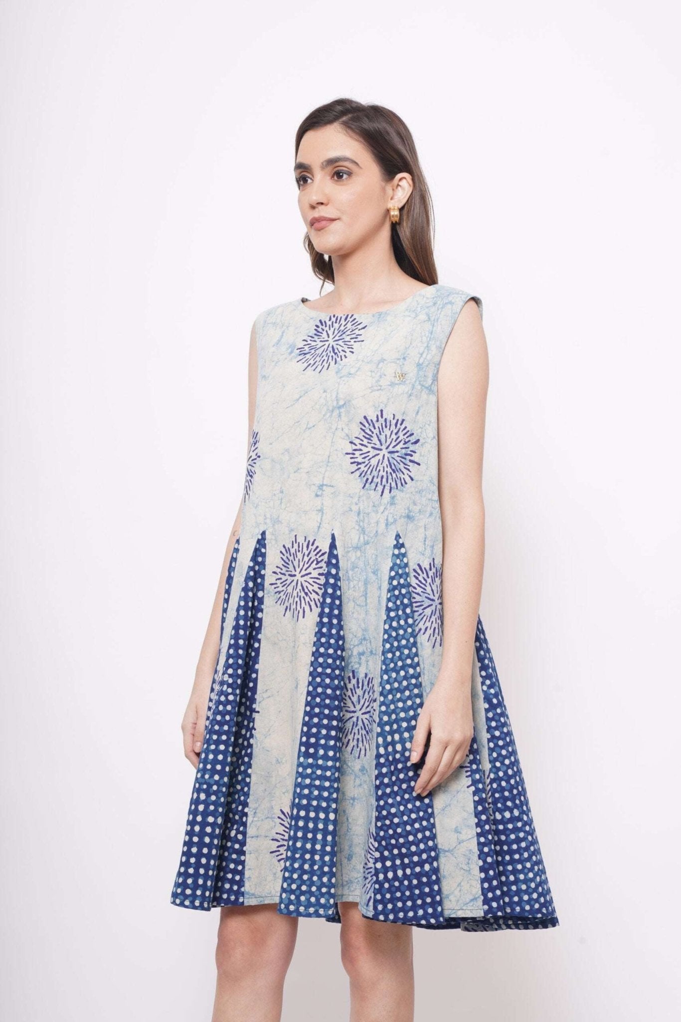 Sleeveless Blue Shibori Print Flare Dress - Western Era Dresses for women