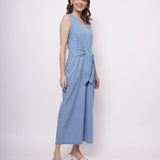 Sleeveless Front Strap Knot Blue Cotton Jumpsuit - Western Era Jumpsuits for women