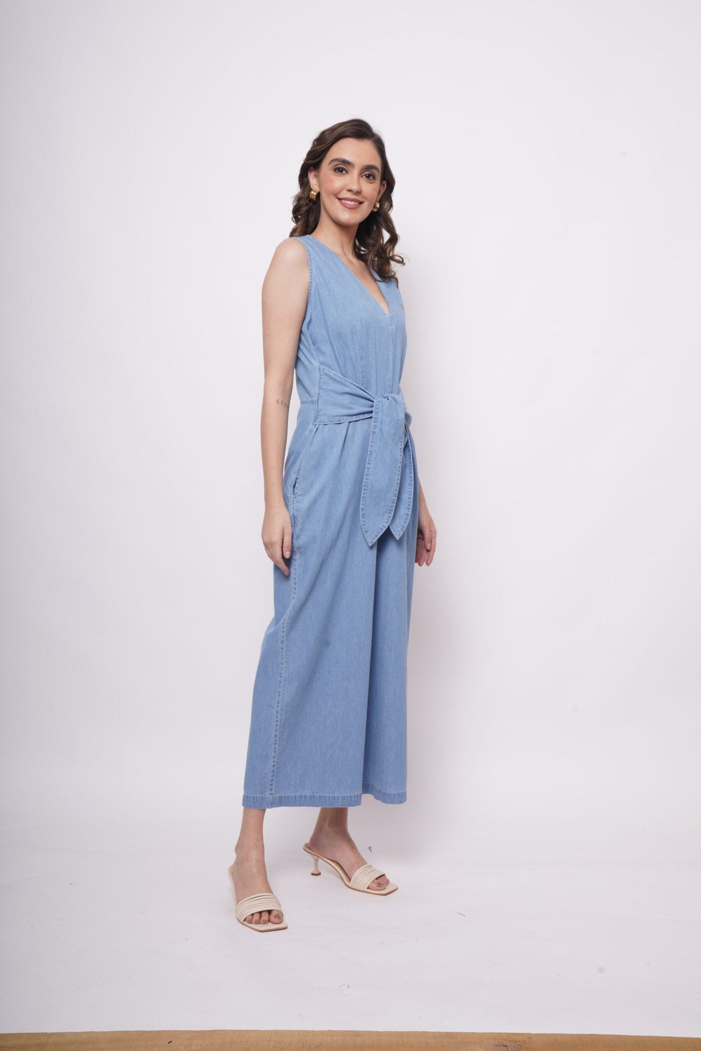 Sleeveless Front Strap Knot Blue Cotton Jumpsuit - Western Era Jumpsuits for women