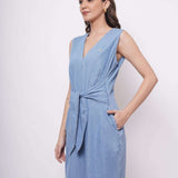 Sleeveless Front Strap Knot Blue Cotton Jumpsuit - Western Era Jumpsuits for women