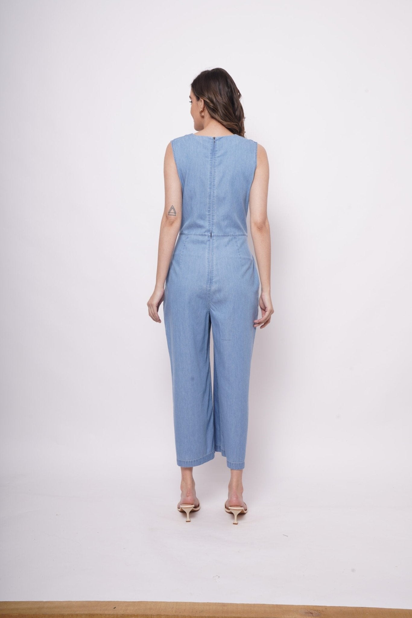 Sleeveless Front Strap Knot Blue Cotton Jumpsuit - Western Era Jumpsuits for women