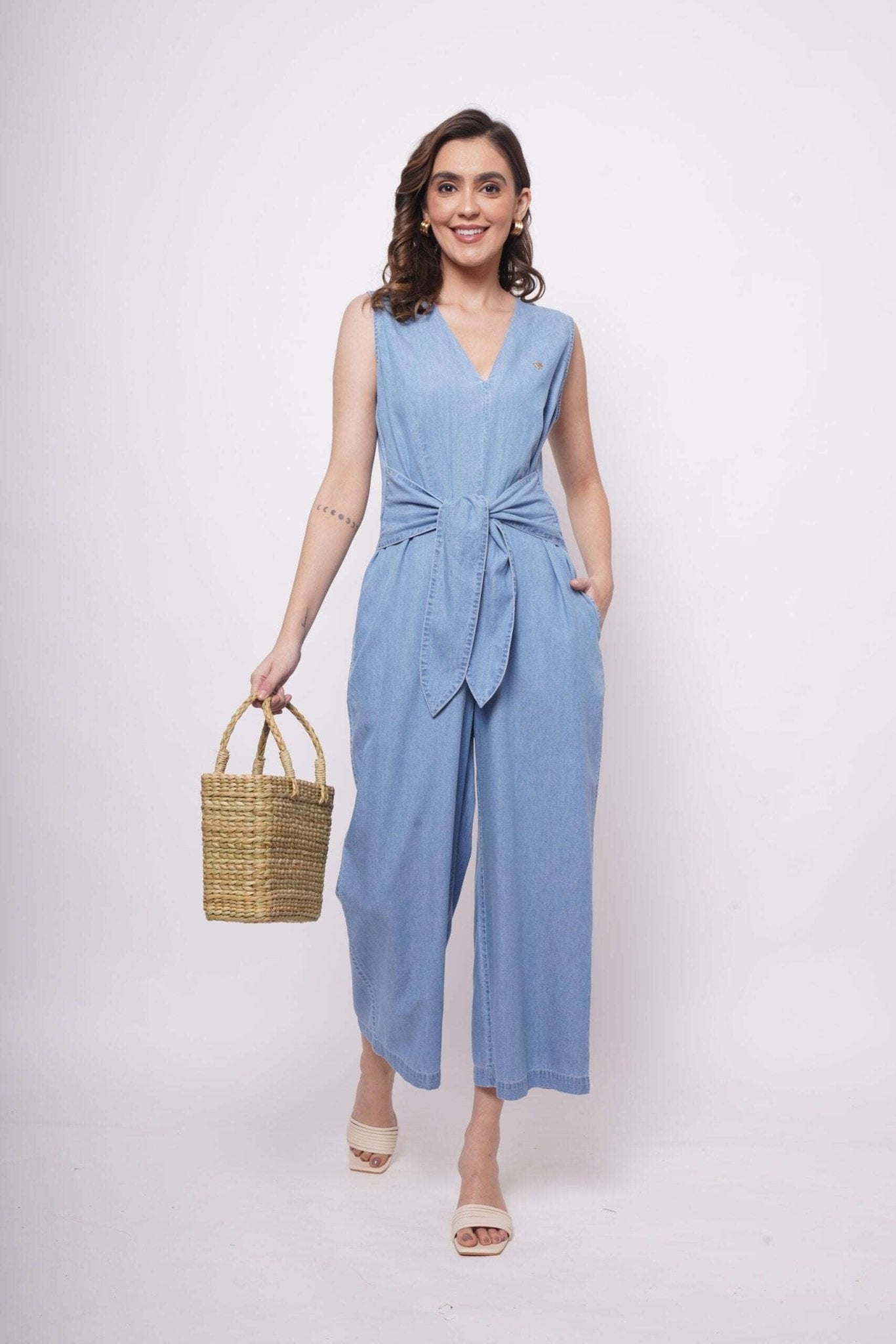 Sleeveless Front Strap Knot Blue Cotton Jumpsuit - Western Era Jumpsuits for women