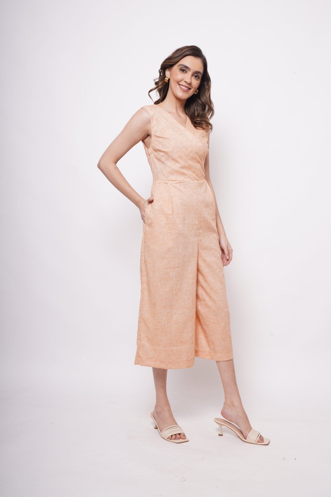 Sleeveless Orange Linen Overlap Jumpsuit - Western Era Jumpsuits for women