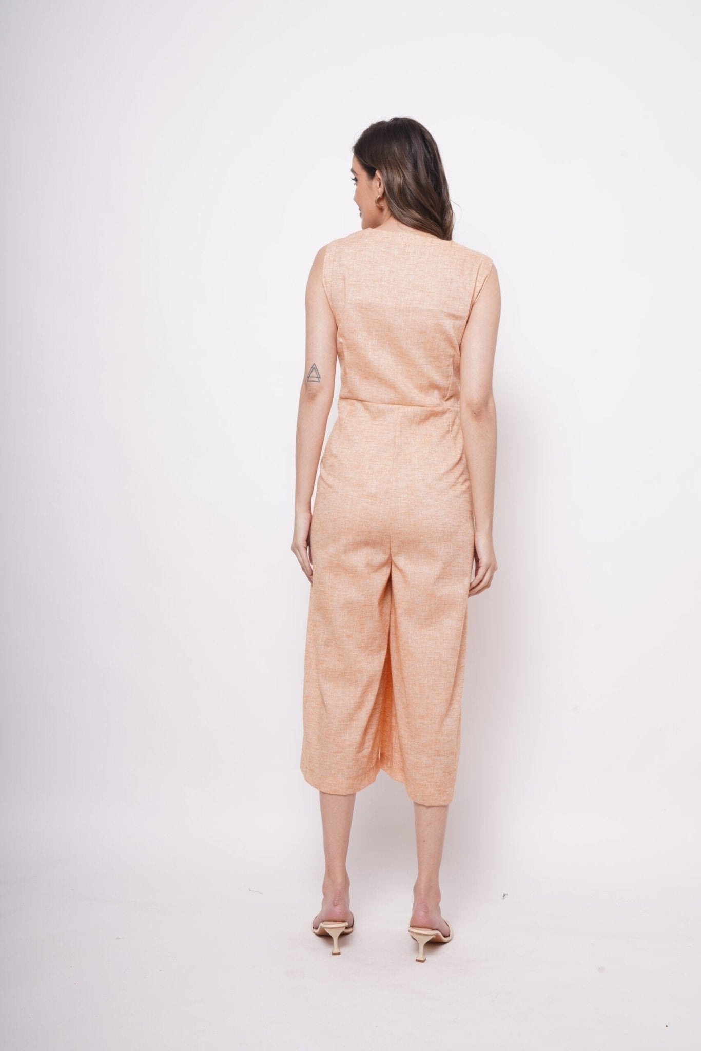 Sleeveless Orange Linen Overlap Jumpsuit - Western Era Jumpsuits for women