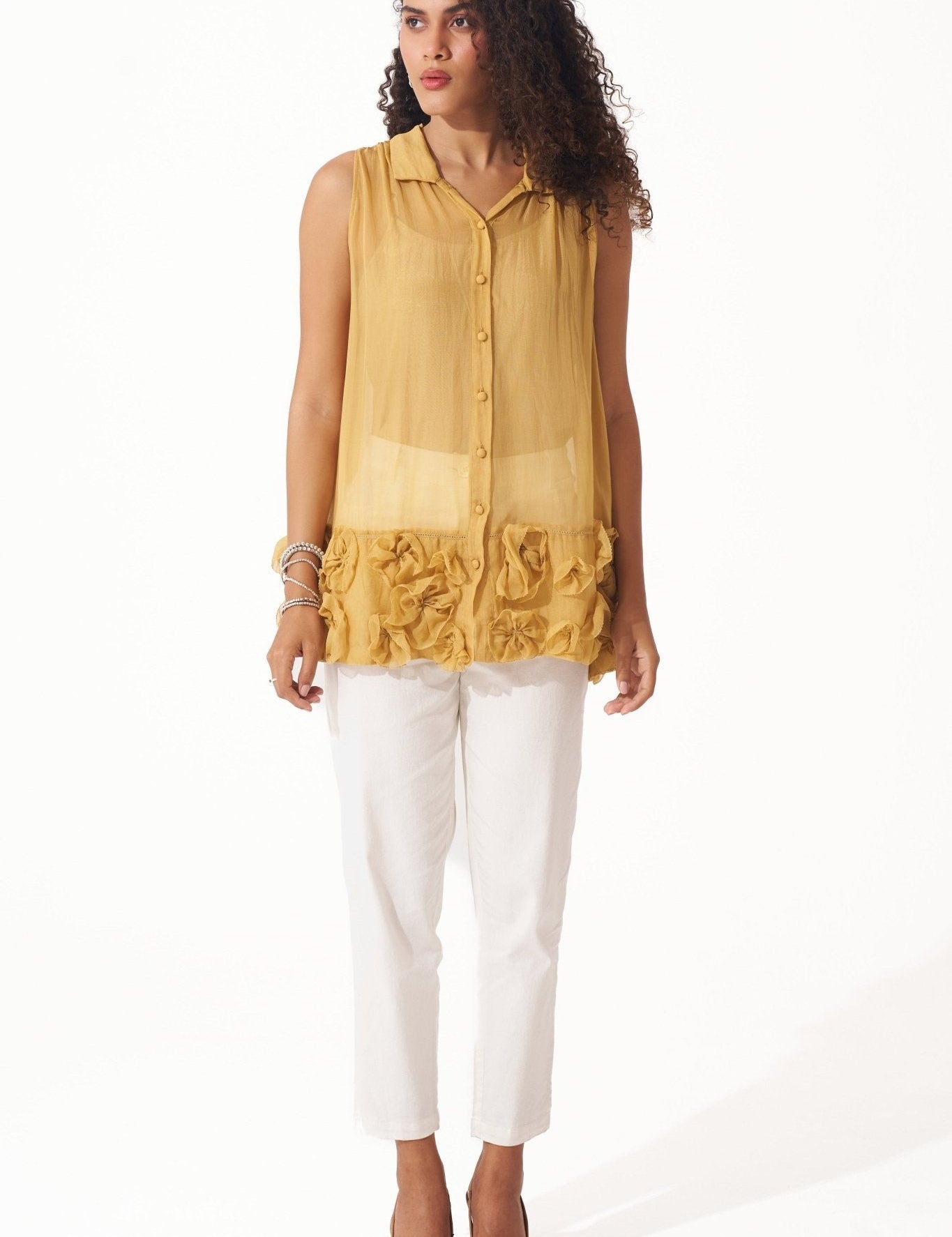 Sleeveless Organza Top with Floral Appliques and Spaghetti - Western Era Tops for women