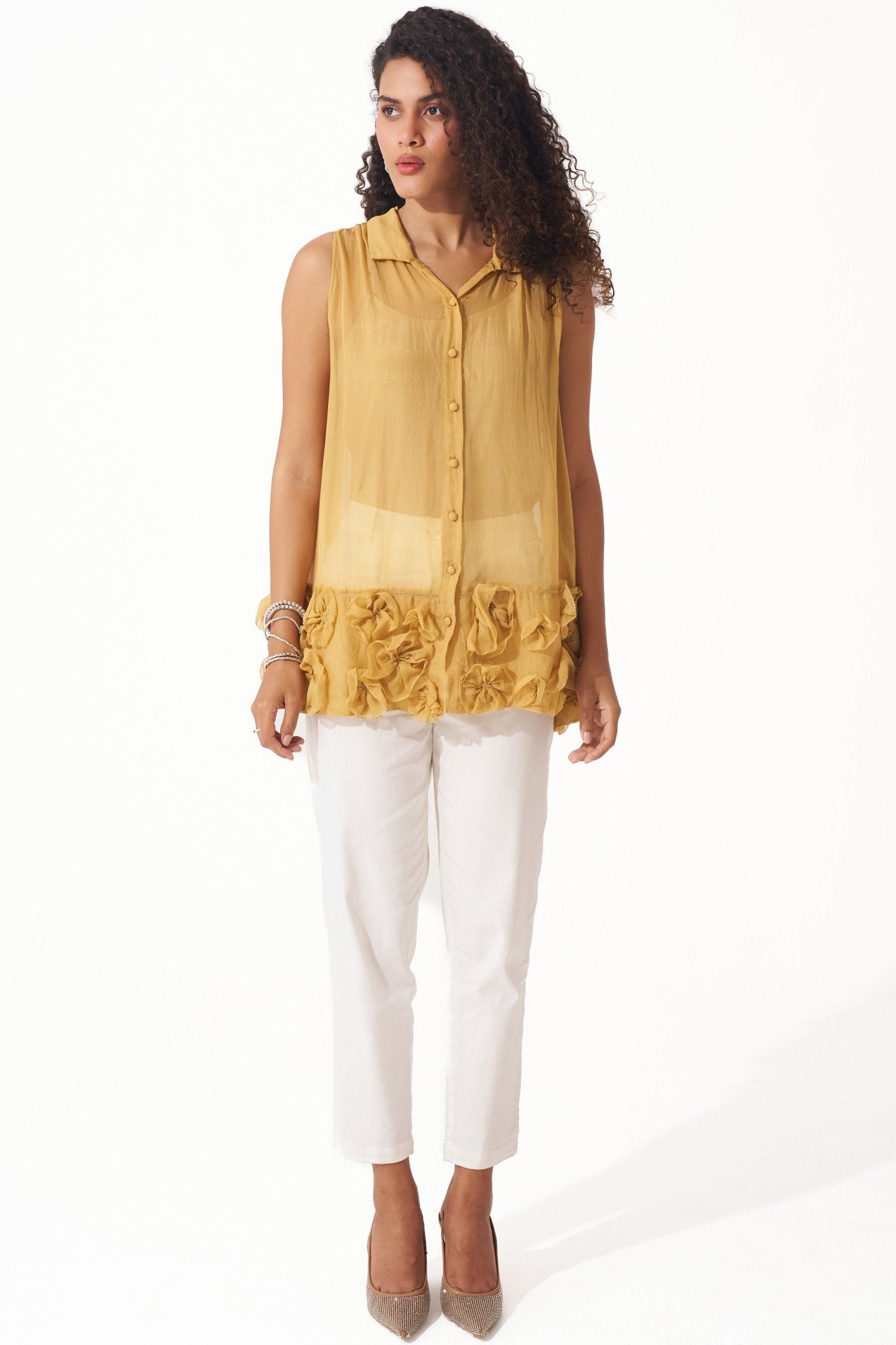 Sleeveless Organza Top with Floral Appliques and Spaghetti - Western Era Tops for women