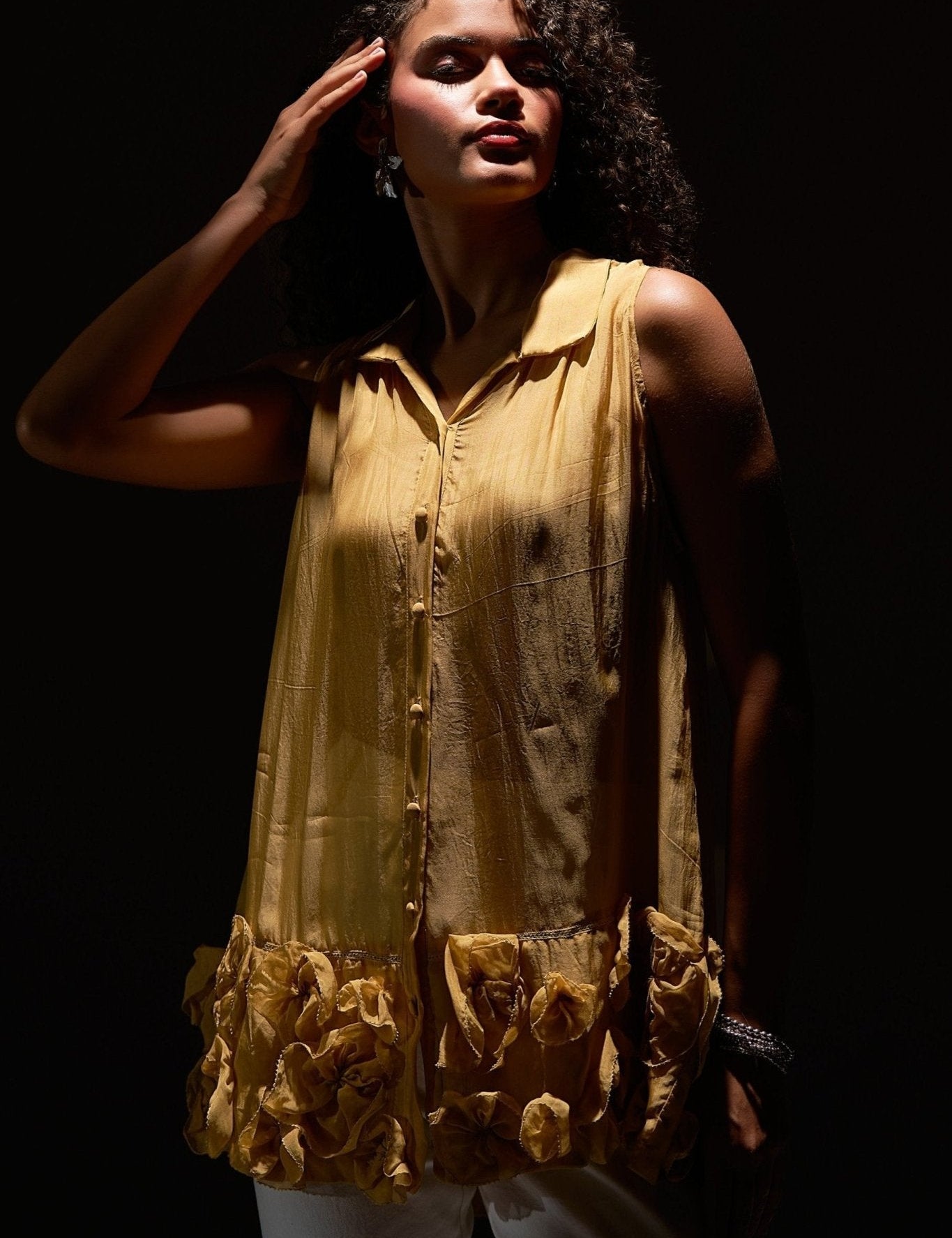 Sleeveless Organza Top with Floral Appliques and Spaghetti - Western Era Tops for women