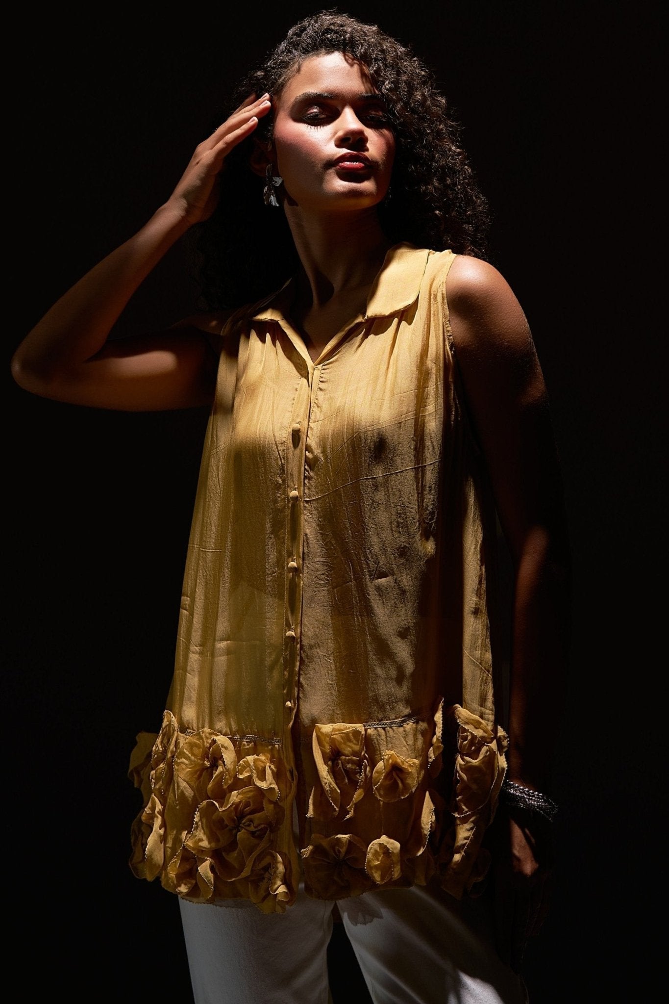 Sleeveless Organza Top with Floral Appliques and Spaghetti - Western Era Tops for women