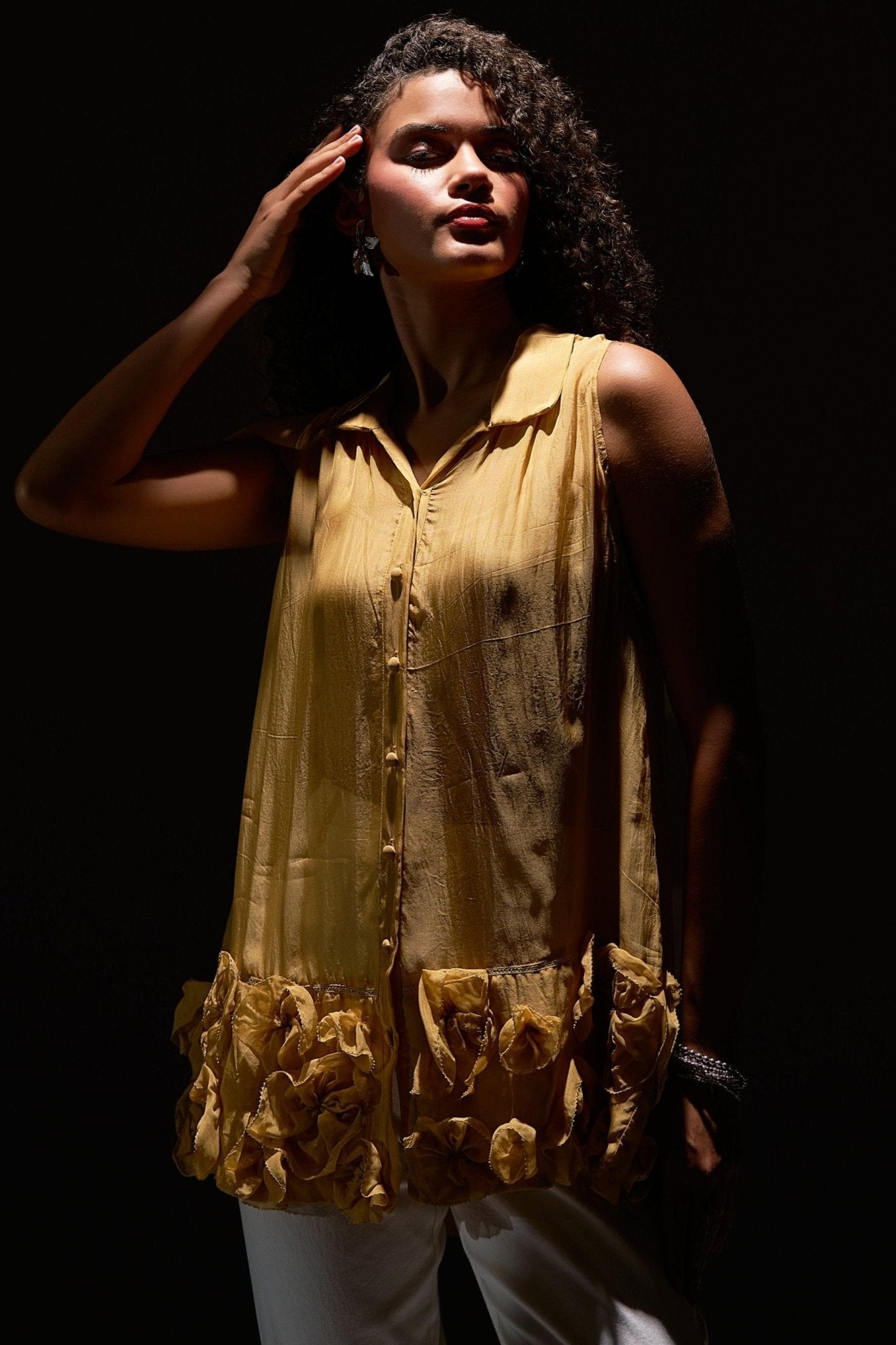 Sleeveless Organza Top with Floral Appliques and Spaghetti - Western Era Tops for women