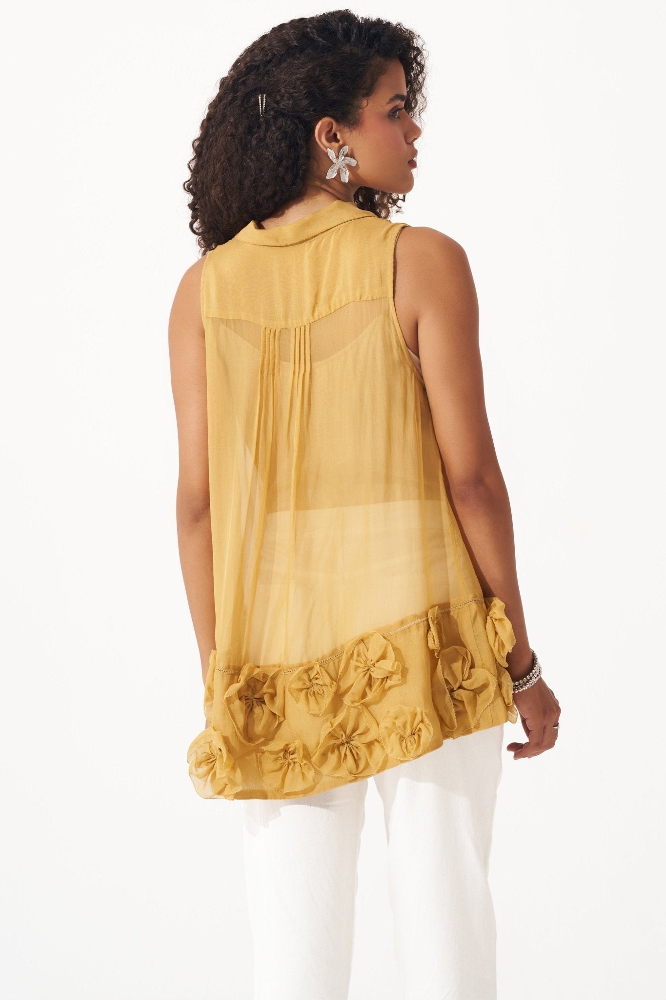 Sleeveless Organza Top with Floral Appliques and Spaghetti - Western Era Tops for women