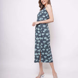 Sleeveless Teal Printed Linen Long Dress with Slit - Western Era Dresses for women