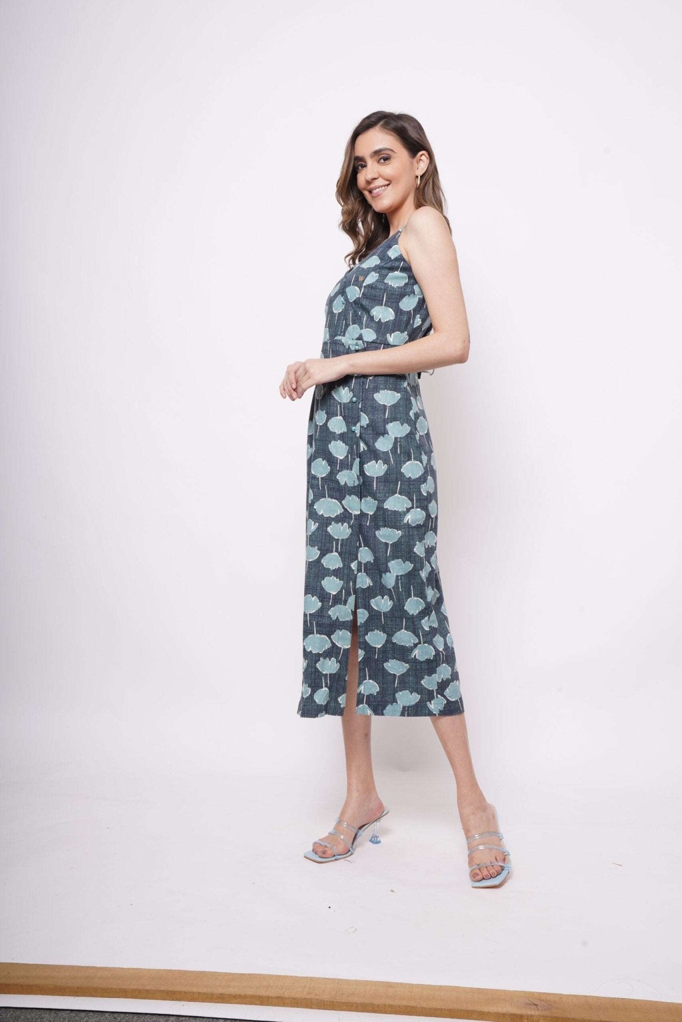 Sleeveless Teal Printed Linen Long Dress with Slit - Western Era Dresses for women