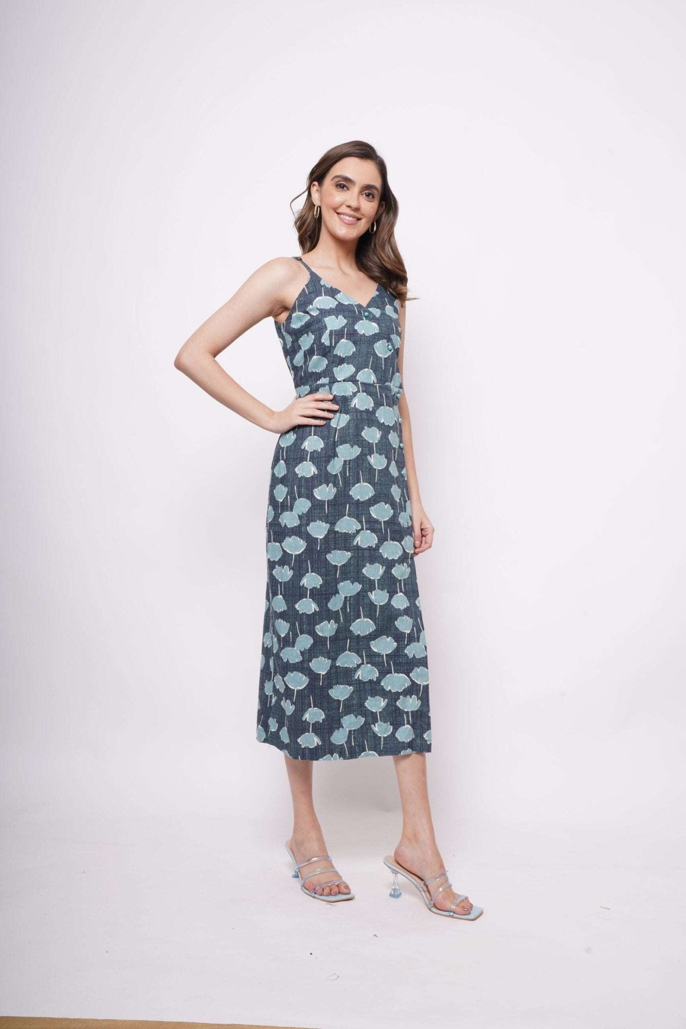 Sleeveless Teal Printed Linen Long Dress with Slit - Western Era Dresses for women