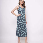 Sleeveless Teal Printed Linen Long Dress with Slit - Western Era Dresses for women