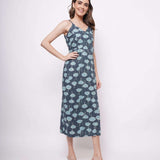 Sleeveless Teal Printed Linen Long Dress with Slit - Western Era Dresses for women