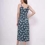 Sleeveless Teal Printed Linen Long Dress with Slit - Western Era Dresses for women