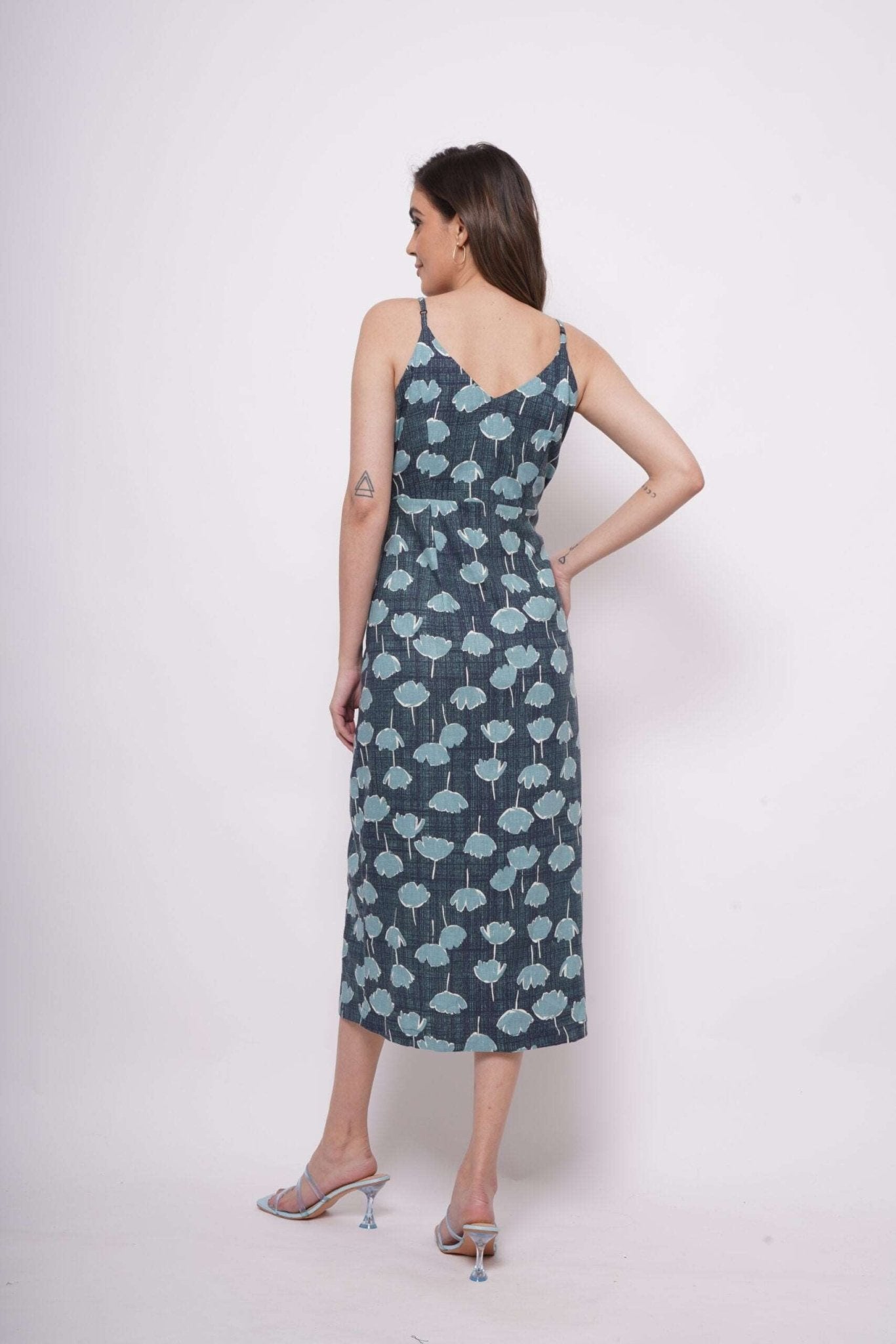 Sleeveless Teal Printed Linen Long Dress with Slit - Western Era Dresses for women