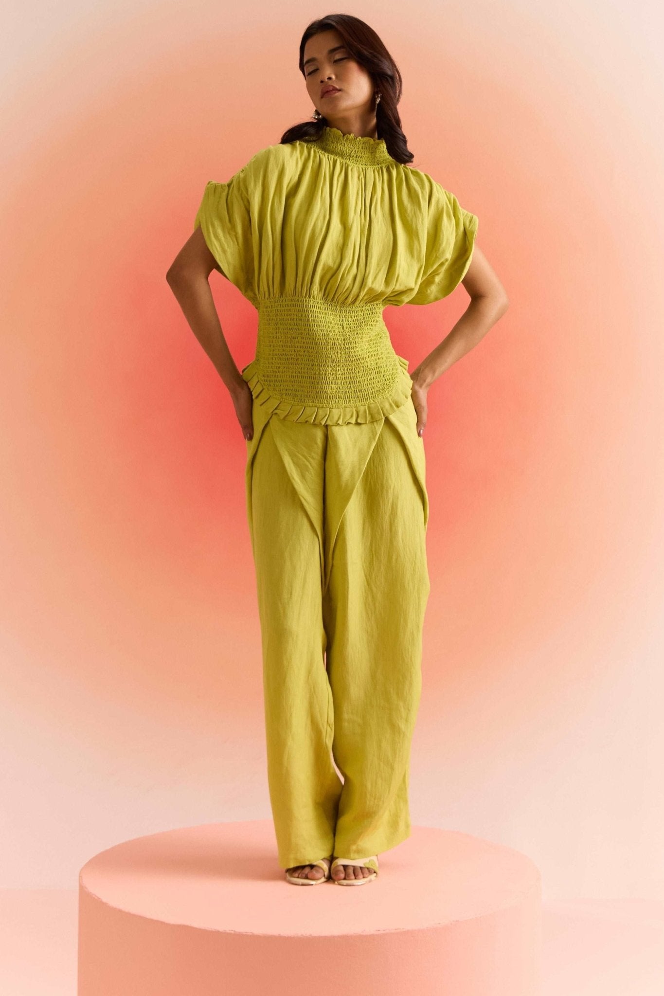 Smoked Top with Pleated Sleeves and Wrap Trouser Cordset - Western Era Cordset for women