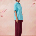 Solid Aqua Tunic With Floral Embroidered Shirt Style Top - Western Era Tops for women