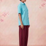 Solid Aqua Tunic With Floral Embroidered Shirt Style Top - Western Era Tops for women