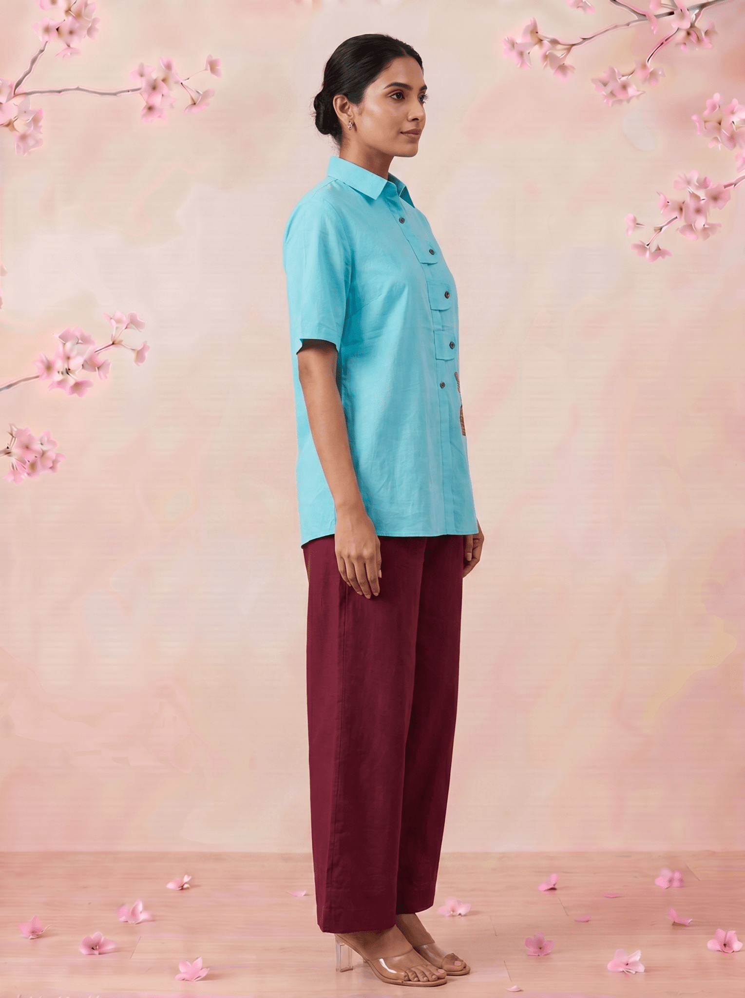 Solid Aqua Tunic With Floral Embroidered Shirt Style Top - Western Era Tops for women