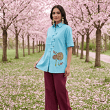 Solid Aqua Tunic With Floral Embroidered Shirt Style Top - Western Era Tops for women