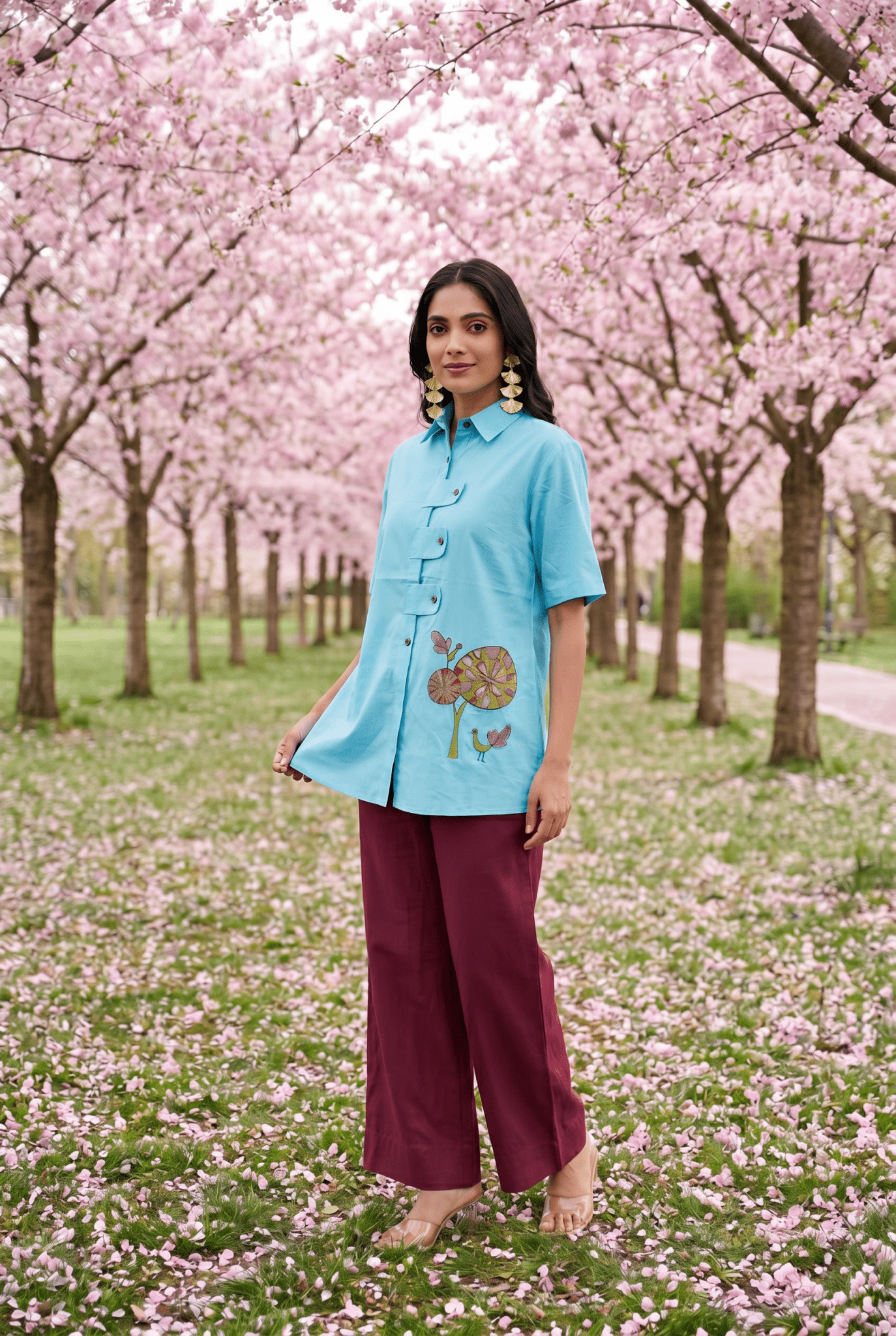 Solid Aqua Tunic With Floral Embroidered Shirt Style Top - Western Era Tops for women