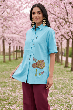 Solid Aqua Tunic With Floral Embroidered Shirt Style Top - Western Era Tops for women