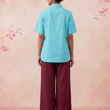 Solid Aqua Tunic With Floral Embroidered Shirt Style Top - Western Era Tops for women