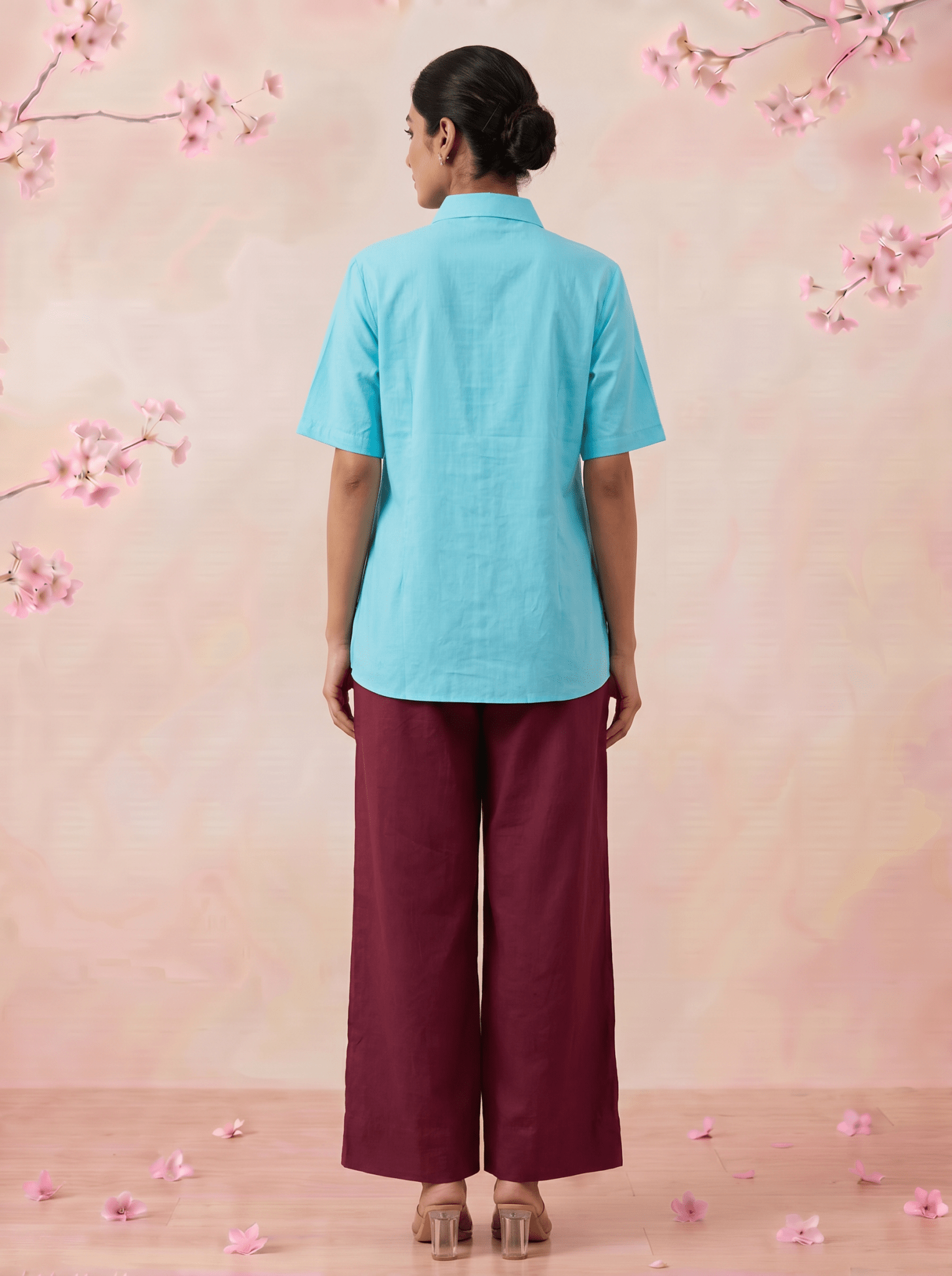 Solid Aqua Tunic With Floral Embroidered Shirt Style Top - Western Era Tops for women