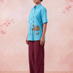 Solid Aqua Tunic With Floral Embroidered Shirt Style Top - Western Era Tops for women
