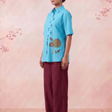 Solid Aqua Tunic With Floral Embroidered Shirt Style Top - Western Era Tops for women